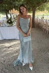 Spaghettiträger Blau Tüll Plissee Abendkleid Elegantes Ballkleid Y8195