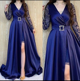 Elegantes A-Linien-Abendkleid mit V-Ausschnitt und langen Ärmeln Y5786