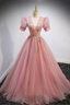 Pink V-Neck Tulle Long Prom Dresses A-Line Short Sleeve Evening Dresses Y892