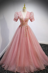 Pink V-Neck Tulle Long Prom Dresses A-Line Short Sleeve Evening Dresses Y892