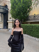 Vestido de fiesta negro encantador, sin tirantes y con abertura, vestido de noche negro Y6385