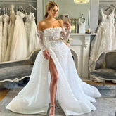 Beautiful Sexy Long Sleeved Wedding Dresses Spaghetti Straps Simple White Backless Pleat High Split Princess Bride Gowns 2024