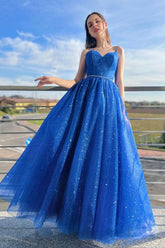 Vestido de fiesta largo de tul azul con corte en A, brillante, para noche formal, PSK394