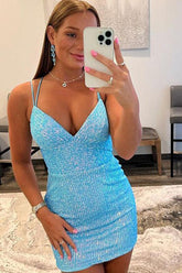 Blue Spaghetti Straps Stripe Sequin Tight Short Homecoming Dress PD469