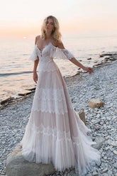 Bohemian Straps Off Shoulder Charming Lace Beach Wedding Dresses WD557