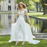 Boho 2 In 1 Lace Jumpsuit Wedding Dresses for Women Sweep Train A-Line Appliques Sexy Beach Bridal Gown Vestidos De Novia