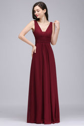 Burgundy Chiffon Sheath V Neck Long Evening Dresses