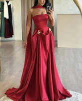 Charming A-Line Satin Burgundy Long Prom Dress Strapless Evening Dress Y8046