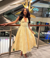 Sexy Halter Deep V Evening Dress Yellow Satin Print Prom Dress Y8249