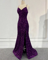 Vestido de fiesta morado oscuro con lentejuelas y corte sirena, vestido de noche formal con abertura Y5639