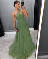 Vestido de fiesta largo verde de corte A, moderno, de tul, para noche formal, Y5602