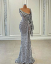 Mermaid Sequin Long Prom Dress Irregular Neckline Charming Evening Gown Y269