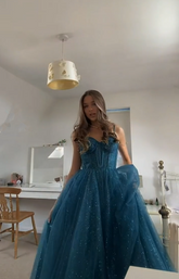 A-line Spaghetti Straps Glitter Tulle Prom Dress Chic Evening Dress Y406