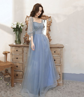 Blaues Tüll-Ballkleid mit Perlen, langes Abendkleid, blaues Abendkleid Y5835