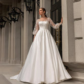 Classic Wedding Dresses Women O-Neck Full Sleeves Bride Dress Satin With Applique Sweep Train A-Line Custom Occasion Gowns