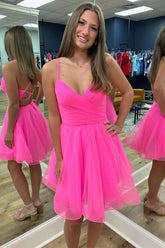 Vestido de fiesta de tul con tirantes cruzados en rosa intenso, corte A, PD487