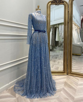 Luxuriöses A-Linien-Abendkleid mit langen Ärmeln, glamouröses Kleid Y5829