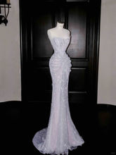 Sparkly Lilac Tulle Beaded Prom Dress Strapless Mermaid Evening Dress Y8664