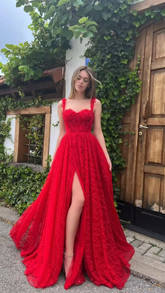 Elegantes rotes Spitzen-Ballkleid mit herzförmigem Ausschnitt, seitlichem Schlitz, hoher Taille, A-Linie, formelles Abendkleid für Hochzeiten, Partys und Abende Y4909