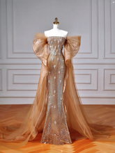 Vestido de fiesta de lujo con hombros descubiertos de tul y cuentas, vestido de noche largo estilo sirena Y8610