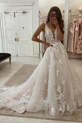 Deep V Neck Lace Wedding Dresses Romantic Bridal Gown With Train WD593
