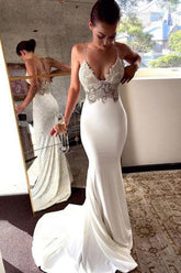 Deep V Neck Mermaid Spaghetti Straps Backless Wedding Dress WD586