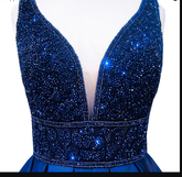 Women's Long Evening Dress Navy Blue V-Neck Sleeveless Open Back Beaded Formal Evening Dress Y1193