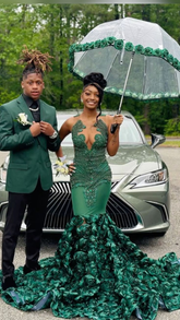 Lujoso vestido de noche de sirena verde con flores 3D, vestido de desfile Y6356