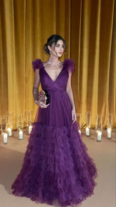 Elegante vestido de noche morado de tul con escote en V y corte en A Y5633