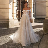 Elegant Beige Card Shoulder Long Sleeve Bridal Sweetheart Tulle Applique Sequin Floor-A line Wedding Evening Gown with Women