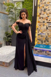 Elegant Long Black Mermaid Chiffon Lace Beading Long Sleeves Prom Dress With Slit