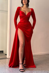 Elegant Long-sleeve A-line Split Red V-neck Prom Dresses
