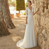 Elegant Mermaid Wedding Dresses Lace Bohemia Sexy Deep V-Neck Half Sleeve Bridal Gowns Pearl Button Formal Beach Party Robe Tull
