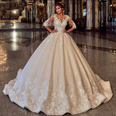 Elegant O-Neck Pearls Lace Appliques Ball Gown Wedding Dress 2023 Half Sleeves Bridal Gown Tulle Lace Up Robe De Mariée