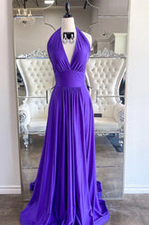 Elegante vestido de fiesta morado largo con cuello halter SYP120