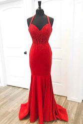 Elegant Red Halter Mermaid Prom Dress with Appliques PSK505