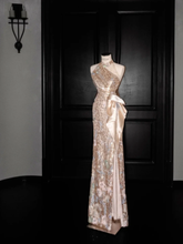 Glitter Champagne Gold Sequin Sheath Prom Dress Halter Long Evening Dress Y8653