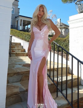 Pink Satin Appliques Mermaid Prom Dress Long Slit Evening Gown Y8263