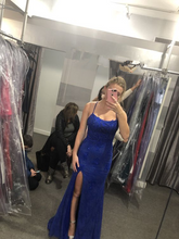 Vestido de noche largo de encaje azul con abertura Y6323