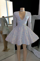 Sparkling V-neck A-line Graduation Dress With Sequins White Short Homecoming Dress Y1951