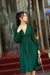 Green A-line V Neck Long Sleeves Party Dress Green Homecoming Dress Y6063