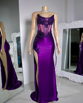 Purple Strapless Satin Lace Appliques Prom Party Dress Mermaid Sexy Split Evening Dress Y8121