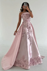 Gorgeous Pink Strapless Satin Appliques Evening Dress Formal Prom Dress Y8427