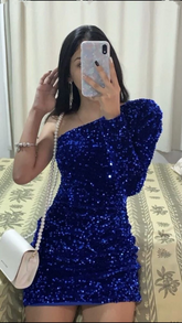Women's Sparkling Sequin Homecoming Dress One Shoulder Long Sleeve Mini Club Party Dress Y4190