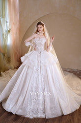 Luminous Ivory Off-Shoulder Glitter Tulle Ball Gown with 3D Floral Lace & Train M021