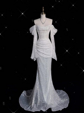 Vestido de noche sirena brillante con hombros descubiertos, vestido glamuroso Y6889