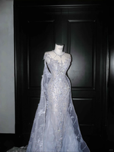 Classy Blue Tulle Beaded Mermaid Prom Dress,Formal Evening Dress Wedding Dress Y8655