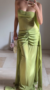 Unique Green Strapless Ruched Long Prom Dress Formal Evening Dress Y8505