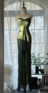 Vintage Dark Green Bodycon Satin Beaded Prom Dress Long Evening Dress Y8557