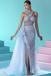 Glamorous Long Blue Mermaid Beading Sleeveless Tulle Prom Dress With Slit